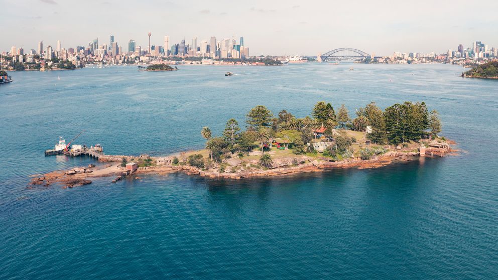 Scenic views across Sydney Harbour to Sydney CBD from Shark Island, Sydney Harbour